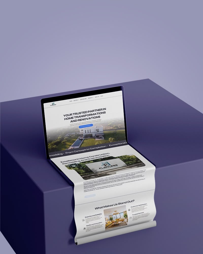 Flawless Construction website on a folding screen mockup