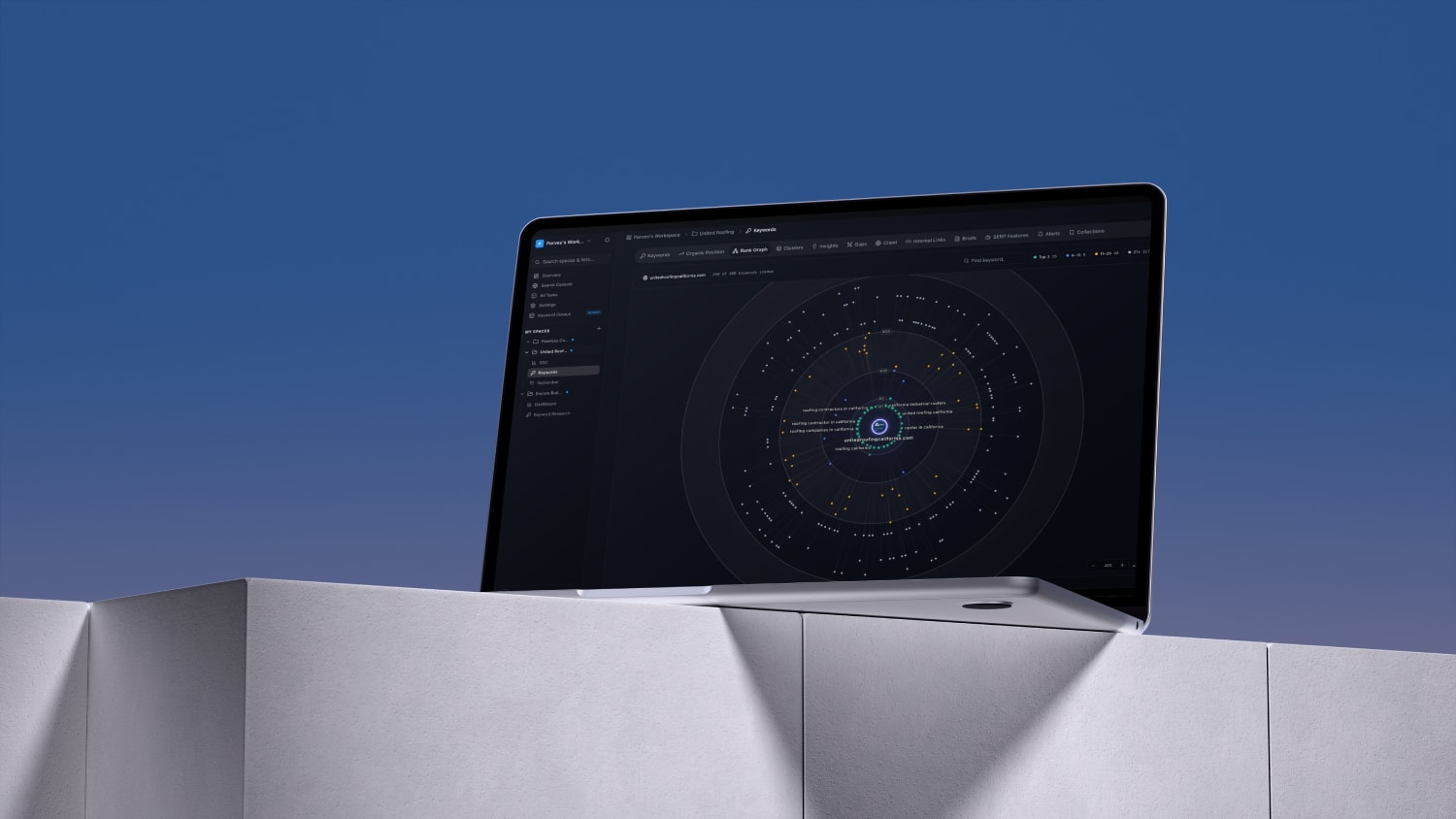 Webdeepio keyword rank graph on a laptop resting on a white ledge