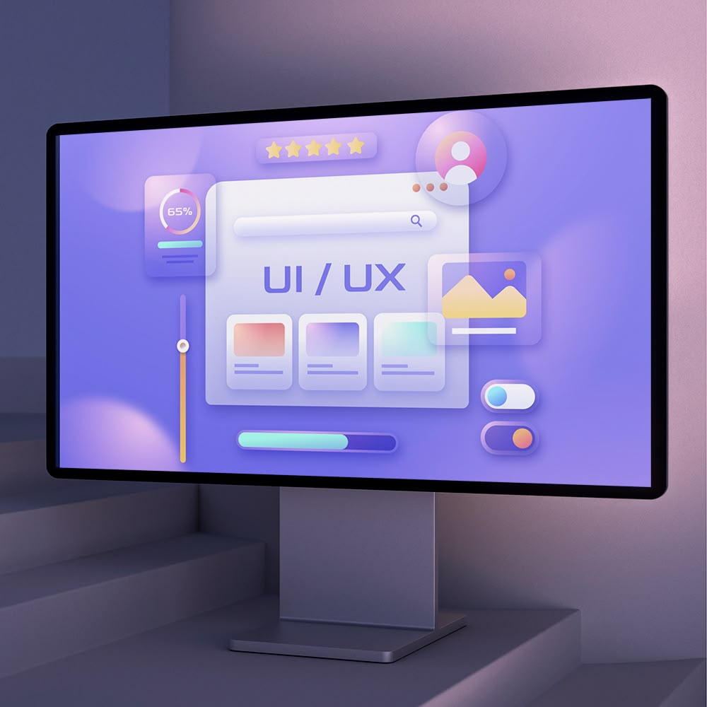 UI/UX design concept with cards and controls on a desktop monitor